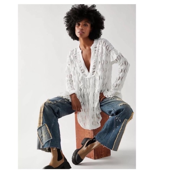 Free People Tops - Free People Candy Shop White XS Lace Ruffle Sleeve Tunic Boho Festival‎ Top